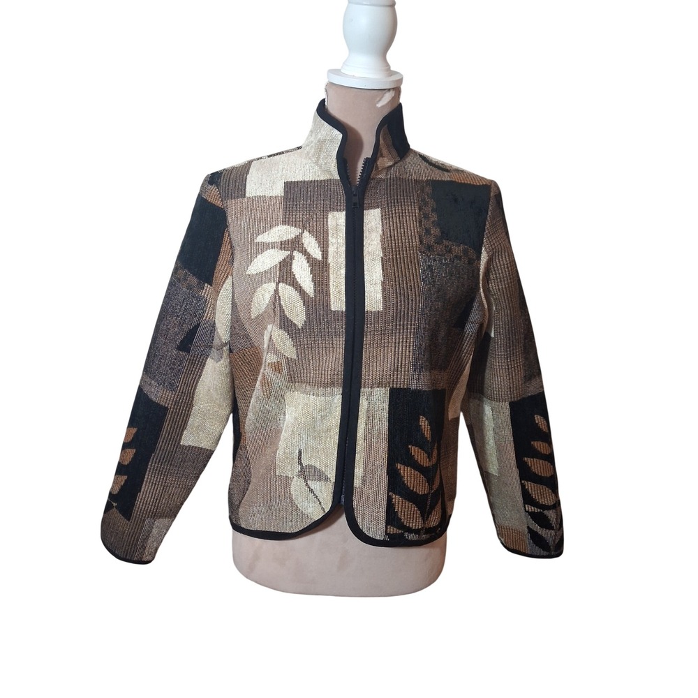 Coldwater Creek Women Fall Petite Small Tapestry Zip Up Jacket Patchwork Brown
